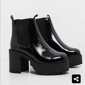 Black Croc Patent Chunky Cleated Ankle Boot